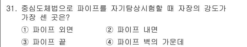자기비파괴검사기사 2019년 31번 - 파이프의 세 선은 외면에 가장 큰 응력이 집중되기 때문입니다. 따라서 자... 에 관한 핵심 기출문제