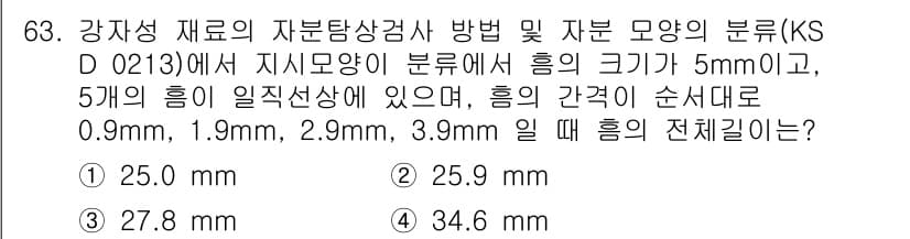 자기비파괴검사기사 2019년 63번 - 강재성 재료의 자분탐상검사에서 지시모양의 분류는 상이한 크기의 자철분 입... 에 관한 핵심 기출문제