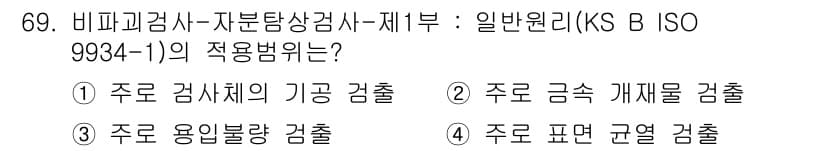 자기비파괴검사기사 2019년 69번 - 비파괴검사에서 주로 검사의 기공을 확인하는 것은 물질 내부의 결함이나 불... 에 관한 핵심 기출문제