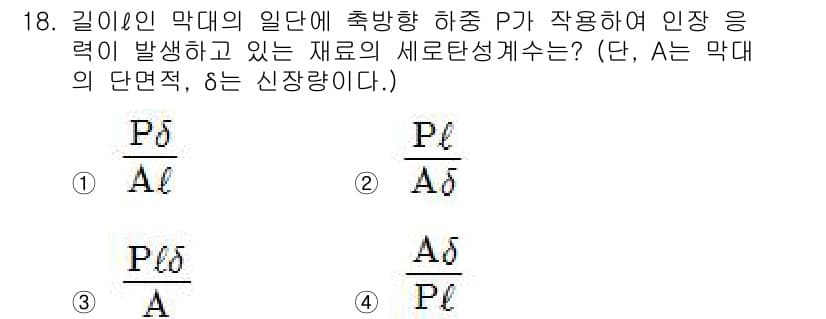 건설기계설비기사 2019년 19번 - 정답 3번은 길이와 단면적의 관계를 고려했을 때, 하중에 따라 변형이 발... 에 관한 핵심 기출문제