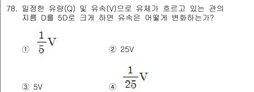 건설기계설비기사 2019년 79번 - 주어진 관계에 따르면 유속(V)은 파이프의 직경(D)와 반비례합니다. D... 에 관한 핵심 기출문제