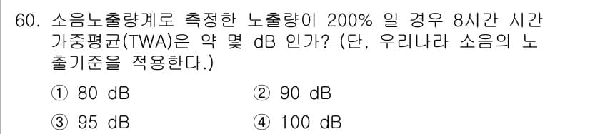 산업위생관리산업기사 2019년 60번 - 노출량이 200%인 경우, 이는 기준 노출량의 2배를 의미합니다. 이때,... 에 관한 핵심 기출문제