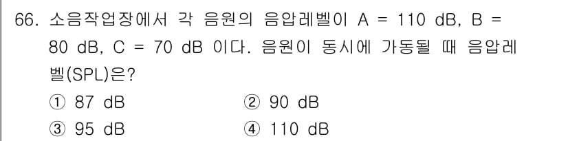 산업위생관리기사 2019년 67번 - 음원 A의 음압레벨이 110 dB로 가장 높고, 나머지 음원 B(80 d... 에 관한 핵심 기출문제