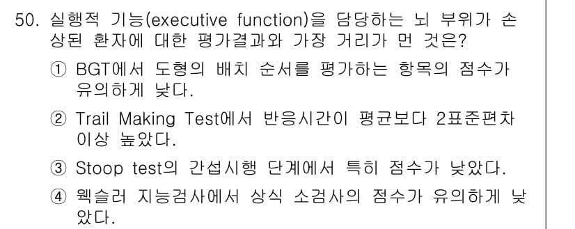임상심리사_2급 2019년 50번 - 실행 기능(executive function)은 주의력, 문제 해결, 계... 에 관한 핵심 기출문제