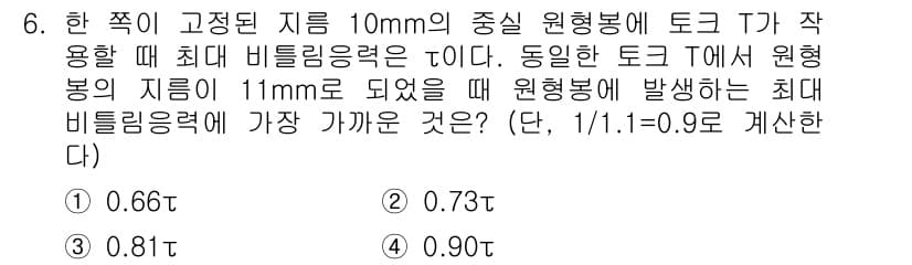 9급_국가직_공무원_기계설계 2016년 6번 - 해당 문제에서 비틀림 응력은 토크와 지름에 따라 결정되며, 지름이 증가하... 에 관한 핵심 기출문제