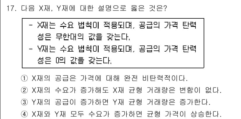 9급_국가직_공무원_사회복지학개론 2019년 17번 - 정답 3번은 X재의 수요가 증가하면 공급의 가격 탄력성이 변하지 않는다는... 에 관한 핵심 기출문제