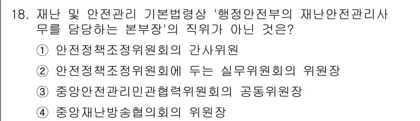 9급_국가직_공무원_재난관리론 2018년 18번 - 해당 직위는 안전정책조정위원회의 실무위원회와 관련된 것이며, 본문에서 요... 에 관한 핵심 기출문제