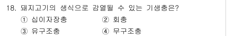 식품안전기사 2019년 18번 - 돼지고기의 생식으로 감염될 수 있는 기생충은 회충입니다. 회충은 주로 돼... 에 관한 핵심 기출문제