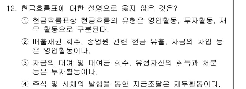 전산회계운용사_2급 2017년 12번 - "자금의 대여 및 대여 회수"는 금융 거래에 해당하며, 재무 활동이 아닌... 에 관한 핵심 기출문제