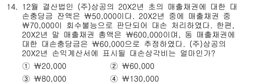 전산회계운용사_2급 2019년 14번 - 대손충당금 잔액이 ₩50,000으로 나타나고, 20X2년의 매출채권 중 ... 에 관한 핵심 기출문제