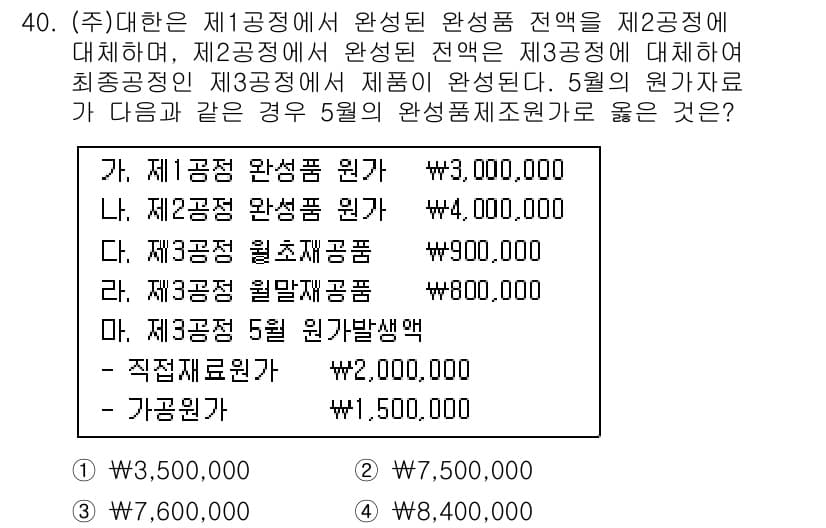전산회계운용사_2급 2019년 40번 - 해설: 제1공정에서 발생한 원가는 제2공정으로 직접 배분되며, 제2공정에... 에 관한 핵심 기출문제