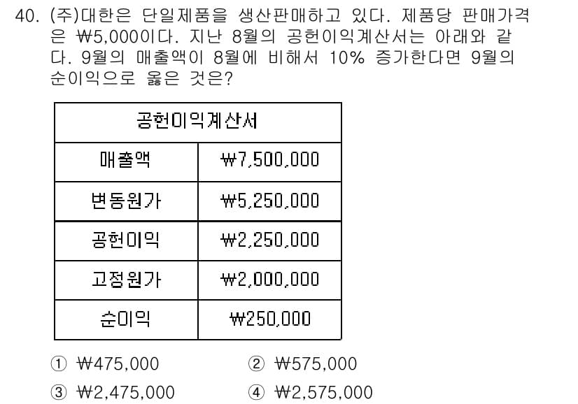 전산회계운용사_1급 2018년 38번 - 9월의 순이익 계산은 9월 매출액에서 8월 매출액의 10% 증가분을 제하... 에 관한 핵심 기출문제