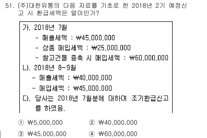 전산회계운용사_1급 2018년 49번 - 2018년 7~8월의 매출액을 계산하면, 매출세액(결제)과 매입세액을 고... 에 관한 핵심 기출문제