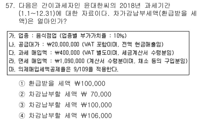 전산회계운용사_1급 2018년 55번 - 문제에서 제공된 정보에 따르면, 환급받을 세액은 공급가액의 10%로 계산... 에 관한 핵심 기출문제