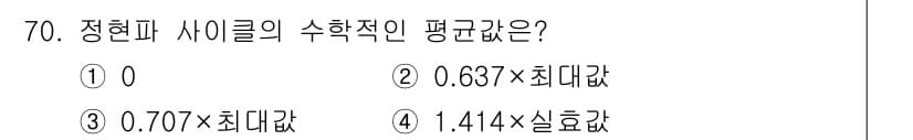 전기공사산업기사 2018년 70번 - 정현파의 평균값은 0이므로, 주기적인 파형에서 수학적으로 평균을 구할 때... 에 관한 핵심 기출문제