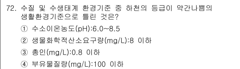 수질환경산업기사 2019년 72번 - 부유물질량(MGL)은 수질 기준에서 100mg/L 이하로 설정되어 있어야... 에 관한 핵심 기출문제