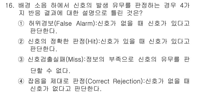 인간공학기사 2019년 16번 - 정답 3번은 "신호감소실패(Miss)"로, 이는 신호가 실제로 존재하지만... 에 관한 핵심 기출문제