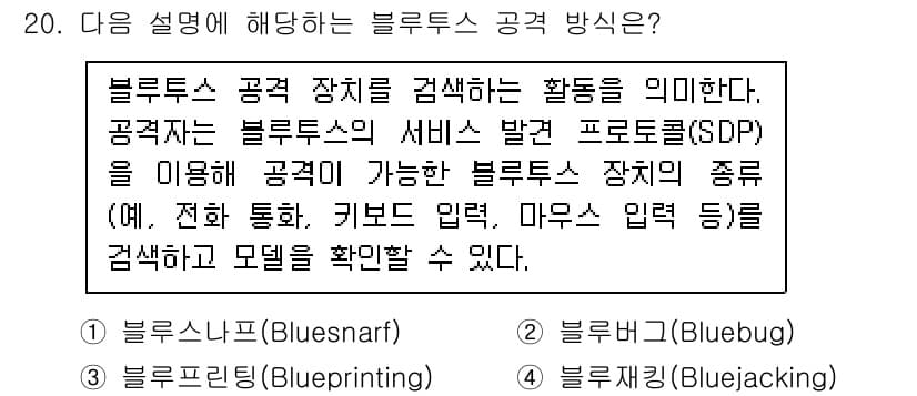9급_국가직_공무원_정보시스템보안 2019년 20번 - 블루투스 공격 방식 중 블루투스 장치를 검색하는 활동은 블루스누프(Blu... 에 관한 핵심 기출문제