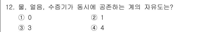 9급_국가직_공무원_화학공학일반 2019년 12번 - . 물, 얼음, 수증기가 동시에 공존할 수 있는 조건은 그들의 삼중점에서... 에 관한 핵심 기출문제