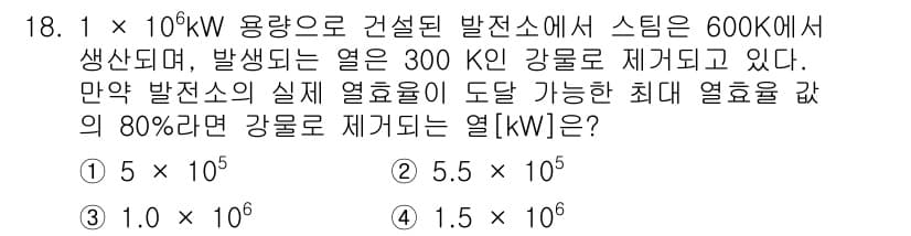 9급_국가직_공무원_화학공학일반 2019년 18번 - 발전소의 출력이 1 × 10^6 kW이며, 효율이 80%일 때 유효 열량... 에 관한 핵심 기출문제