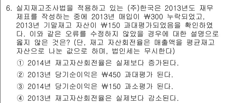 9급_국가직_공무원_회계학 2015년 6번 - 2013년 매출을 $300로 가정했을 때 재고자산의 가치는 $150로 평... 에 관한 핵심 기출문제