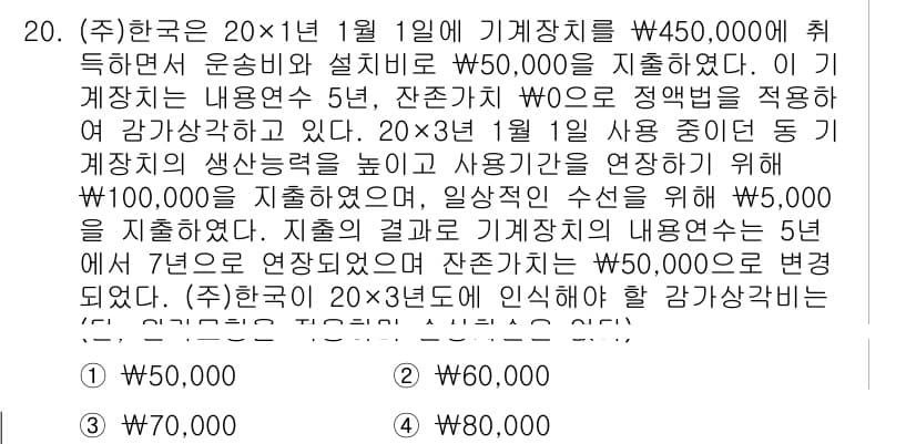 9급_국가직_공무원_회계학 2019년 20번 - 기계장치의 내용연수가 5년이므로 감가상각은 연간 90,000원(450,0... 에 관한 핵심 기출문제
