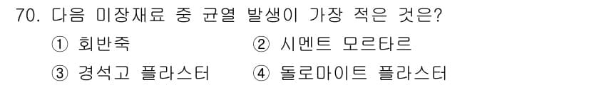 건설안전산업기사 2019년 70번 - 정답은 3번 경석고 플라스타입니다. 경석고 플라스타는 다른 미장재료에 비... 에 관한 핵심 기출문제