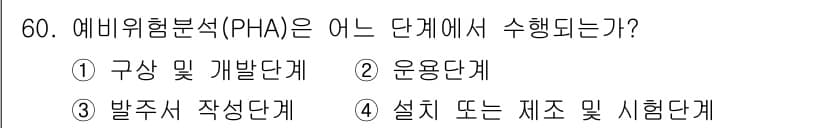 건설안전기사 2019년 61번 - . 원인 분석(PHA)은 주로 운영단계에서 수행된다. 이 단계에서는 잠재... 에 관한 핵심 기출문제