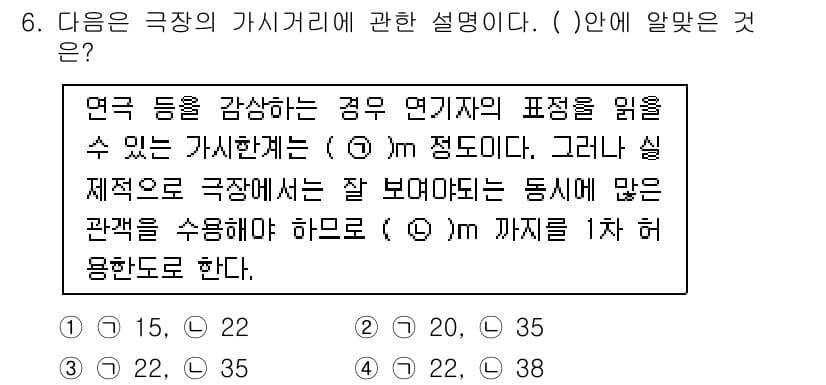 건축기사 2019년 6번 - 정답 3번이 올바른 이유는 다음과 같습니다. 극장의 가시거리는 관객의 시... 에 관한 핵심 기출문제