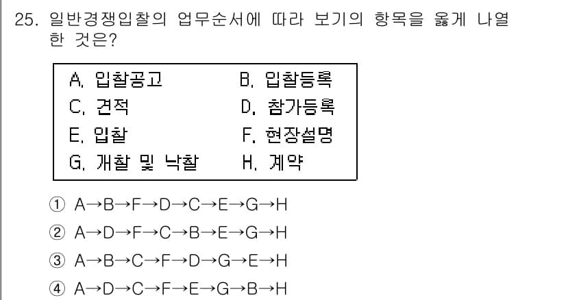 실내건축기사(구) 2019년 25번 - 정답은 B(입찰등록)입니다. 일반경쟁입찰의 업무순서에서, 최초로 입찰자 ... 에 관한 핵심 기출문제