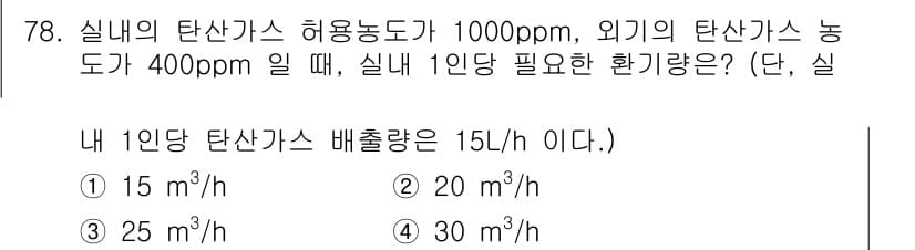 실내건축기사(구) 2019년 78번 - 실내의 탄산가스 허용농도가 1000ppm이고, 외기의 탄산가스 농도가 4... 에 관한 핵심 기출문제