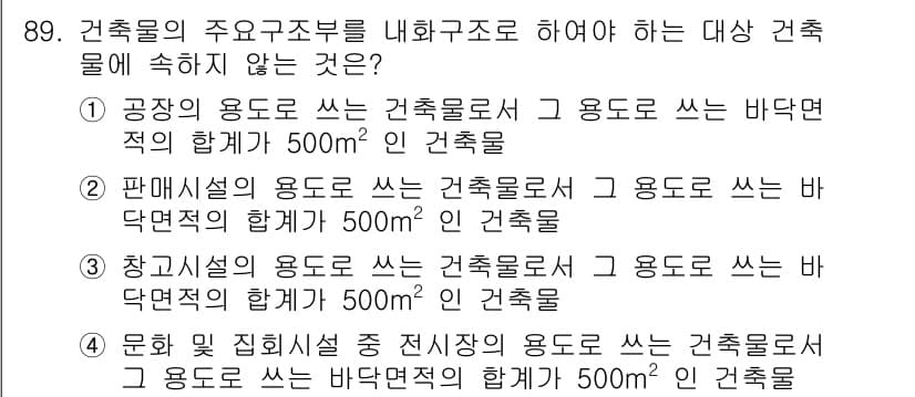 실내건축기사 2019년 89번 - 문화 및 집회시설은 전시공간의 용도로 쓰이는 건축물의 바닥면적 합계가 5... 에 관한 핵심 기출문제