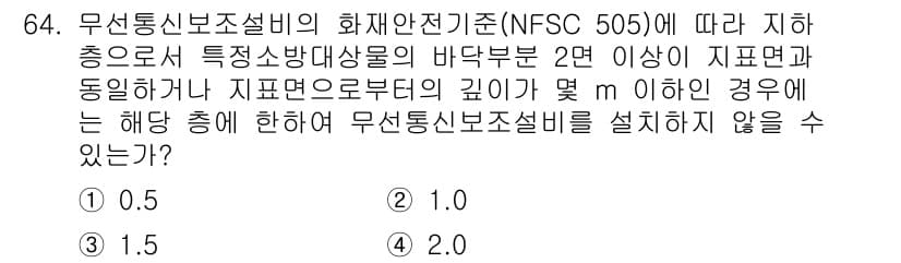 소방설비기사(전기분야) 2019년 64번 - 주어진 NFSC 505 기준에 따르면, 무선통신보설비는 지표면으로부터의 ... 에 관한 핵심 기출문제