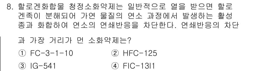 소방설비기사(전기분야) 2019년 8번 - HFC-125는 할로겐화합물로, 청정소화약제로 사용되며, 일반적으로 열에... 에 관한 핵심 기출문제