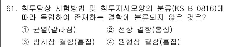 침투비파괴검사기사(구) 2019년 61번 - 침투비파괴검사에 따르면, 주어진 옵션 중에서 "원형상 결함(흠집)"은 일... 에 관한 핵심 기출문제