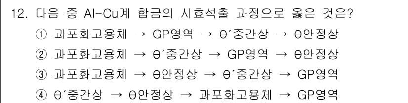 침투비파괴검사기사 2019년 12번 - Al-Cu 합금의 시효석출 과정은 먼저 GP 영상을 형성한 후, θ' 중... 에 관한 핵심 기출문제