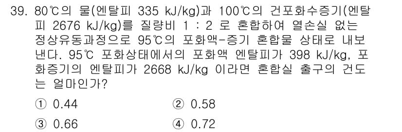 에너지관리기사 2019년 39번 - 문제에서 제시된 조건에 따른 혼합물의 에너지 계산을 통해 95도에서의 상... 에 관한 핵심 기출문제