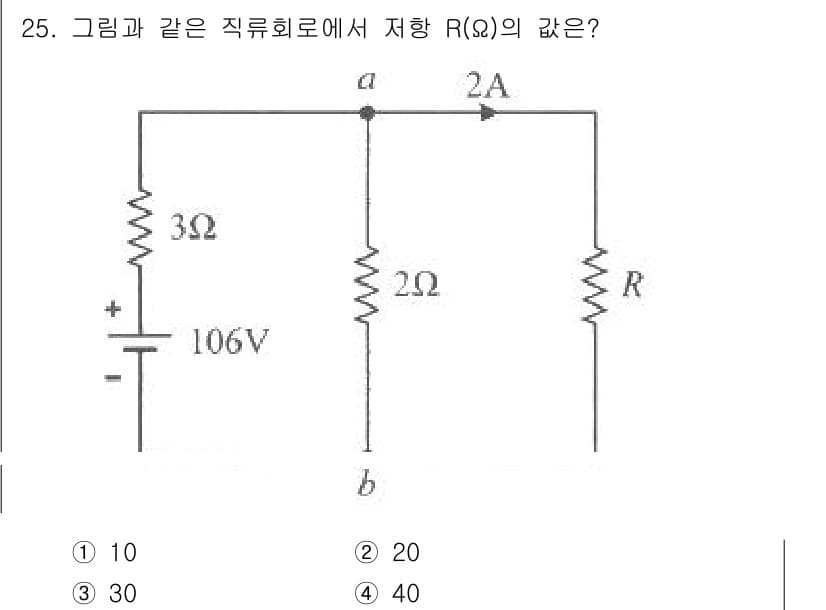 철도신호기사 2019년 25번 - 주어진 회로에서, 3Ω와 2Ω 저항은 직렬로 연결되어 있어 합성 저항은 ... 에 관한 핵심 기출문제