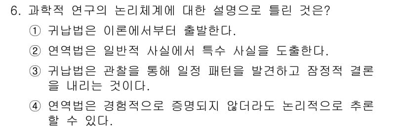 사회조사분석사_1급 2019년 6번 - 2. 귀납법은 일반적 사실을 특정 사례를 통해 도출하는 방법이므로, 연구... 에 관한 핵심 기출문제