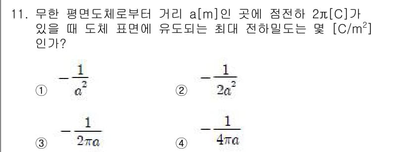 전기산업기사 2018년 11번 - 주어진 식에서 유도전하 밀도는 전기장(E)과 관련이 있으며, 평면 도체의... 에 관한 핵심 기출문제