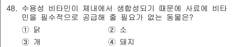 축산기사 2019년 48번 - . 닭  
닭은 수용성 비타민의 필요성이 낮아 다른 동물들에 비해 공급이... 에 관한 핵심 기출문제