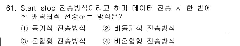사무자동화산업기사 2019년 61번 - . 비동기식 전송방식  
비동기식 전송방식은 데이터 전송 시 각 문자에 ... 에 관한 핵심 기출문제