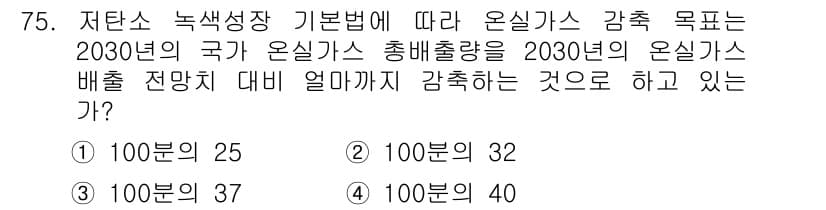 신재생에너지발전설비산업기사 2019년 75번 - 저탄소 녹색성장 기본법에 따르면, 2030년까지 온실가스 배출량을 201... 에 관한 핵심 기출문제