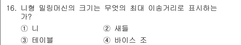 컴퓨터응용가공산업기사 2019년 16번 - 정답은 3번 "데이불"입니다. 니형 밀링 머신에서 최대 아송 거리는 공구... 에 관한 핵심 기출문제