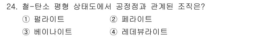 컴퓨터응용가공산업기사 2019년 24번 - . 팔레이트  
팔레이트는 철 탄소 평형 상태에서 고온에서 형성되는 상으... 에 관한 핵심 기출문제