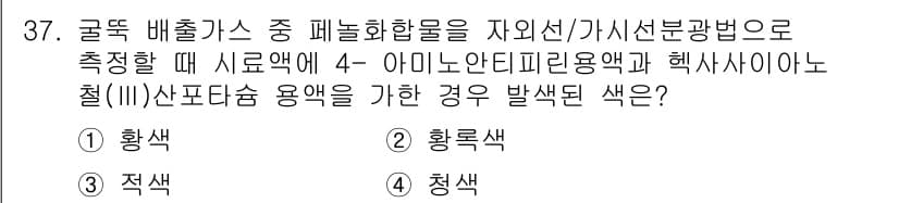 대기환경산업기사 2019년 37번 - 정답 3번에서, 아미노디피린용액과 헥사사이산철(III)을 사용하면 황색이... 에 관한 핵심 기출문제