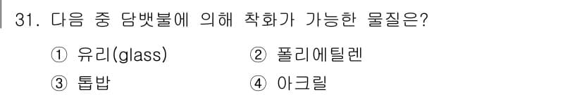 화재감식평가기사 2019년 31번 - 정답은 3번 '톱밥'입니다. 톱밥은 가연성이 있어 화재 시 활성화된 연료... 에 관한 핵심 기출문제