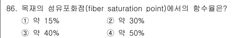 조경기사 2019년 86번 - 목재의 섬유 포화점(fiber saturation point)은 일반적으... 에 관한 핵심 기출문제