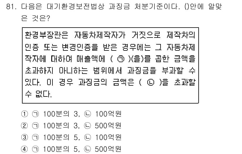 대기환경기사 2019년 81번 - 환경부장관은 자동차제작자가 가지오는 특정 인증이나 변경에 대해 벌금을 부... 에 관한 핵심 기출문제