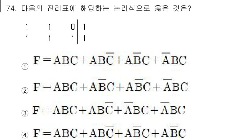 컴퓨터시스템기사(B형) 2019년 74번 - 주어진 진리표를 분석할 때, 입력값에 따라 출력값이 어떻게 변화하는지를 ... 에 관한 핵심 기출문제